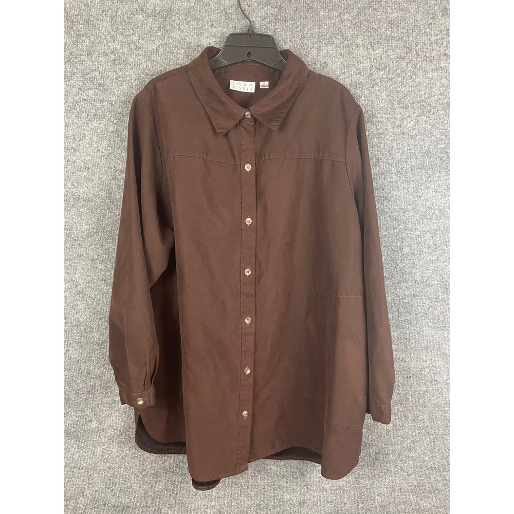 Joan Rivers Button Down Shirt Womens 1X Brown Excellent Long Sleeve Tunic Pocket